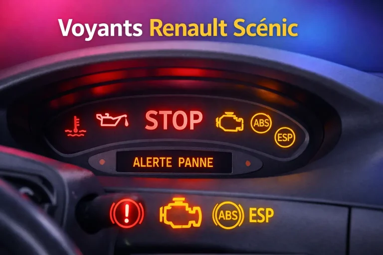 Tableau de bord Renault Scénic avec voyants lumineux STOP rouge, moteur orange, ABS et ESP allumés