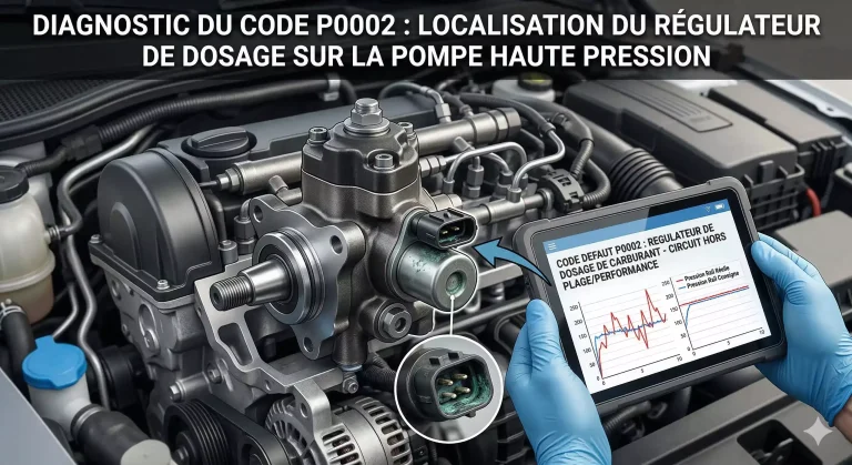 Diagnostic du code P0002 : contrôle de la pression de rampe et du régulateur de dosage sur une pompe haute pression avec une valise de diagnostic.