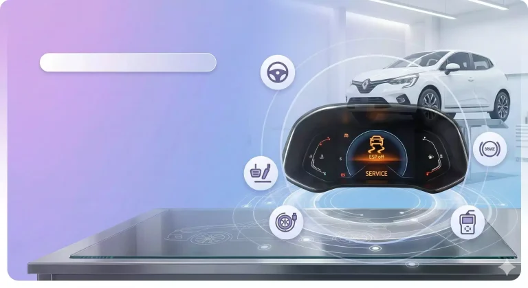 Option d'illustration alternative pour le diagnostic d'atelier : vue d'ensemble du système d'affichage et de contrôle pour le dépannage de l'ESP de la Renault Clio 5.