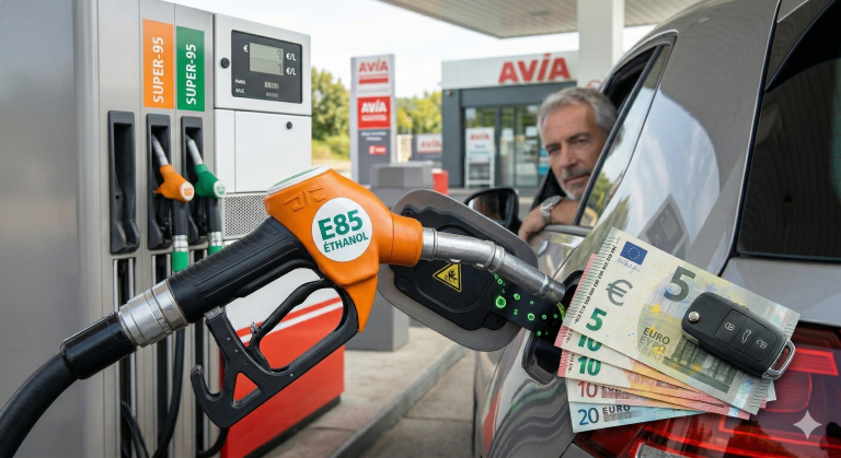 Conducteur vérifiant les données de consommation éthanol sur son smartphone avec une interface OBD2 dans sa voiture à la station-service.