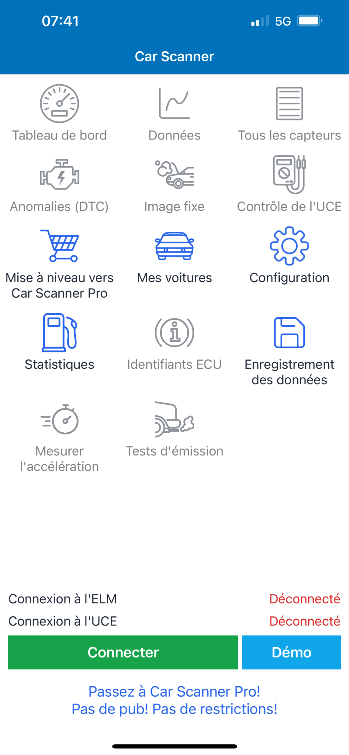 Menu Données Car Scanner