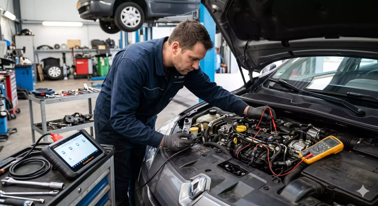 Mécanicien professionnel utilisant un multimètre et une valise de diagnostic sur le moteur diesel d'une Renault pour diagnostiquer un code défaut P0670 dans un atelier mécanique.
